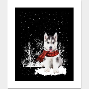 Christmas Husky With Scarf In Winter Forest Posters and Art